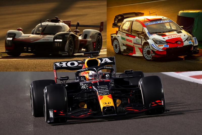 Industri otomotif Jepang kuasai ajang motorsport paling bergengsi di dunia 2021, yaitu World Endurance Championship (kiri-atas), World Rally Championship (kanan-atas), dan Formula One (bawah) (sumber: Honda, Toyota)