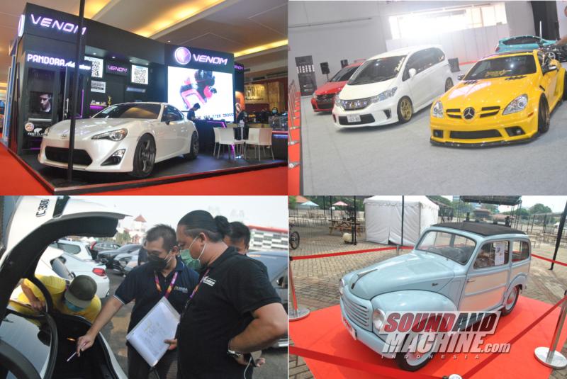 Konten acara di Indonesia International Motor Show, pameran aftermarket (kiri-atas), kontes modifikasi (kanan-atas), kontes audio (kiri-bawah), mobil klasik (kanan-bawah)