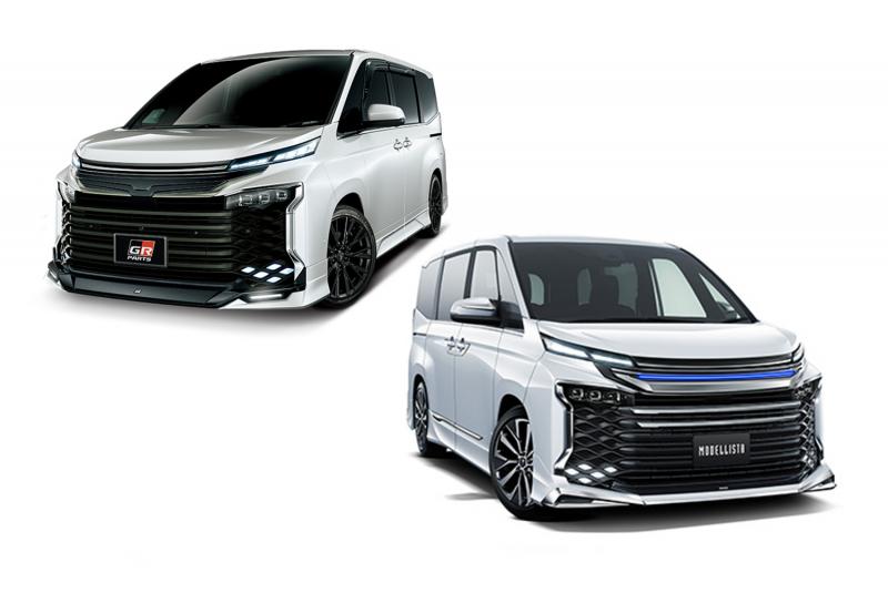 Voxy generasi baru dengan sentuhan dari dua rumah modifikasi in-house Toyota yang berbeda, yaitu GR Sport (kiri) dan Modellista (kanan) (sumber: Toyota)