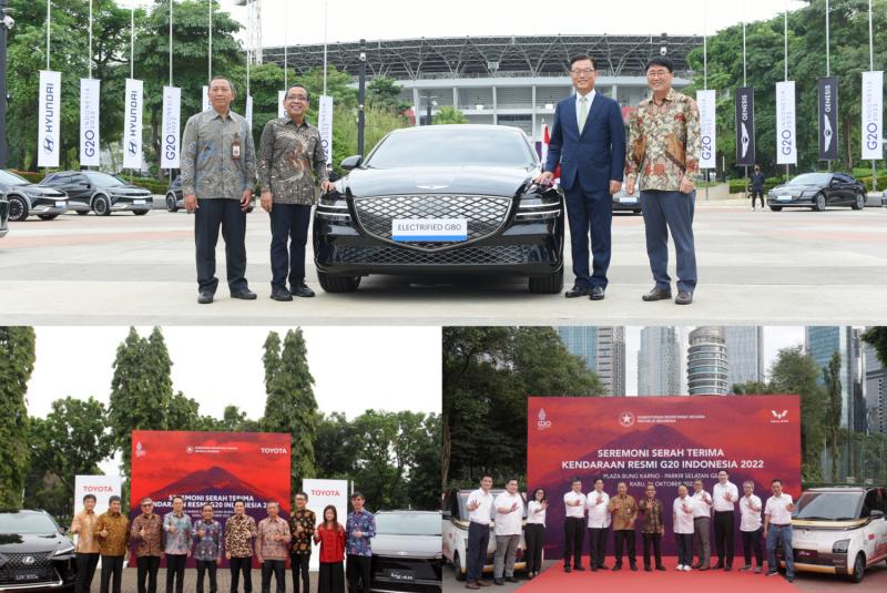 Serah terima kendaraan resmi Konferensi Tingkat Tinggi G20 oleh Agen Pemegang Merek Hyundai (atas), Toyota (kiri-bawah), dan Wuling (kanan-bawah). (sumber: istimewa)