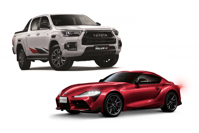 Dua produk Toyota Gazoo Racing terbaru yang menghadirkan peningkatan performa, Hilux GR Sport (kiri) dan GR Supra (kanan). (sumber: Toyota)