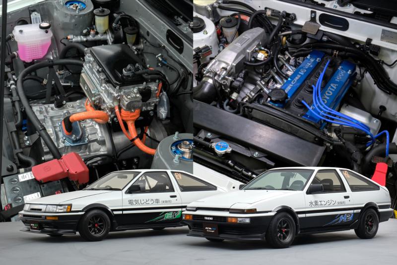 Ragam opsi bebas karbon yang dihadirkan oleh Toyota melalui mobil modifikasi AE86-nya, Corolla Levin motor listrik (kiri) dan Sprinter Trueno mesin hidrogen (kanan) (sumber: Toyota) 