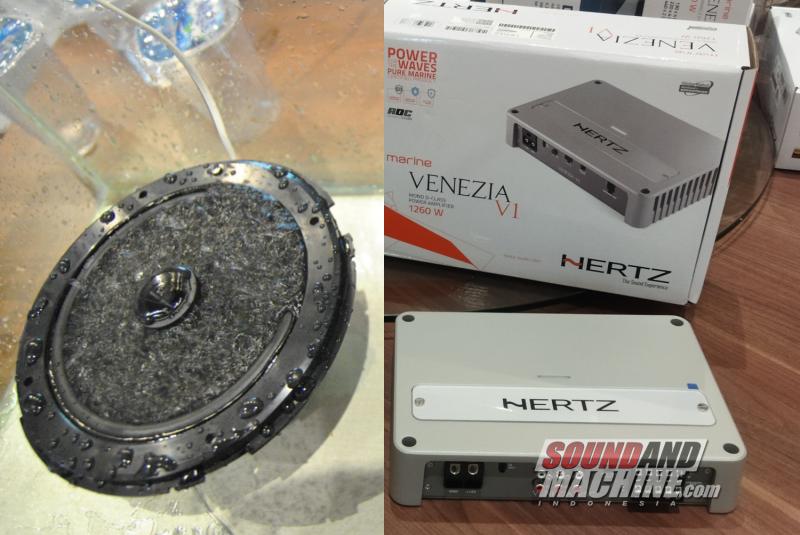 Speaker (kiri) dan digital sound processor (kanan) Hertz yang memiliki durabilitas terhadap benda korosif.