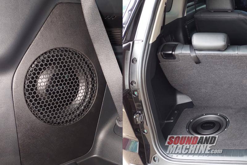 Instalasi subwoofer pasif Hertz MPS 250 garapan Cartens Autosound di Toyota Kijang Innova Zenix di posisi samping (kiri) dan bawah (kanan).