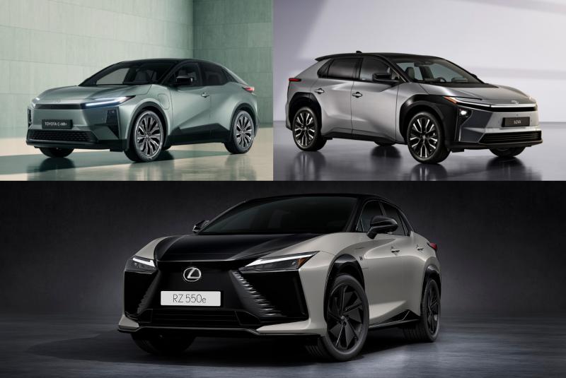 Tiga kendaraan listrik Toyota Motor Corporation yang diluncurkan secara perdana di Eropa, C-HR+, bZ4X minor change, dan Lexus RZ. (sumber: Toyota)