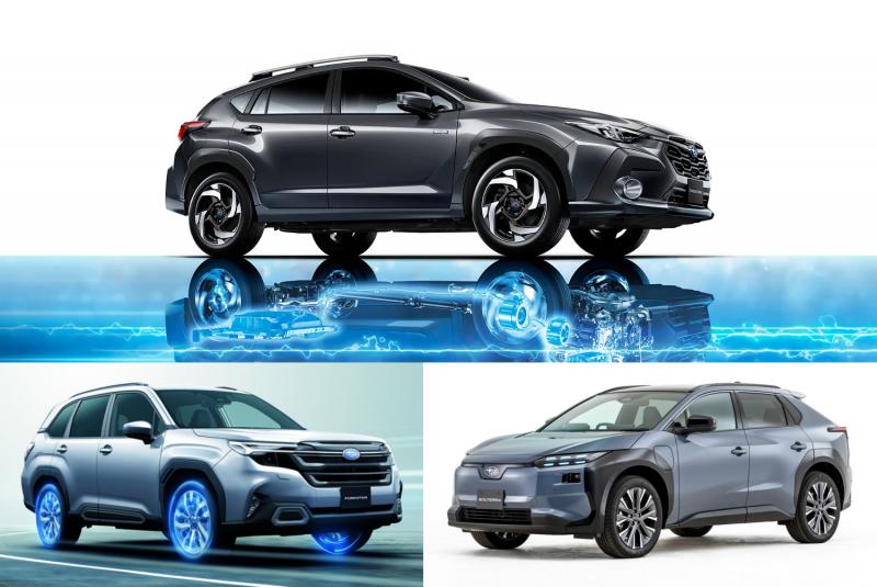 Model elektrifikasi Subaru, Crosstrek (atas), Forester (bawah-kiri), dan Solterra (bawah-kanan). (sumber: Subaru)